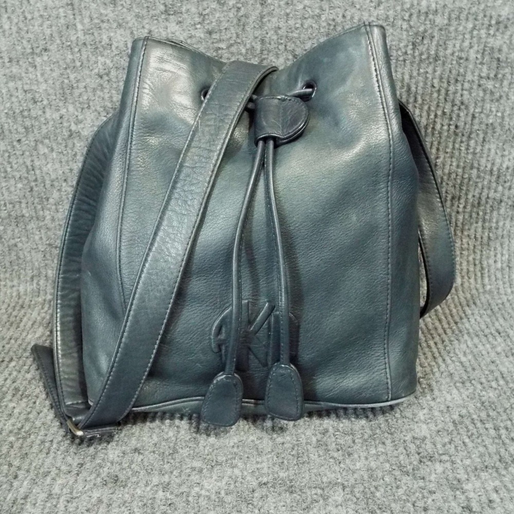 Vintage Anne Klein II Blue Leather Bucket Bag 90s Minimalist Purse Quiet Luxury